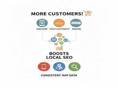 Why Directory Submissions Still Matter: Boost Local SEO and Consistency Infographic illustrating the benefits of directory submissions for businesses, highlighting increased discovery, trust, authority, and consistent NAP data for better Local SEO.