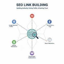 Infographic detailing SEO Link Building strategy, showing high-authority links from Google Business Profile, Yelp, Facebook, Industry Publications, and Partners pointing to a central website.