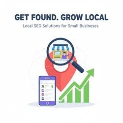 Local SEO Success: Found on Google Maps and Mobile Search Modern illustration showing a small business storefront found using a mobile phone, magnifying glass, and map pin, symbolizing successful Local SEO and traffic growth.
