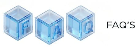 D isometric FAQ letters inside frosted glass and glowing blue crystal cubes on a white background.