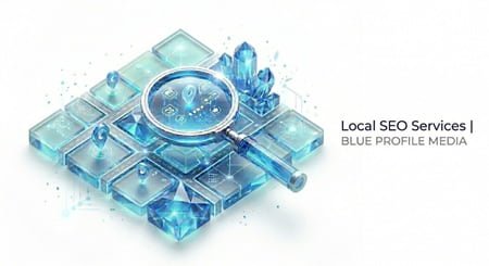 A 3D isometric blue crystal map with a magnifying glass over map pins, representing Local SEO Services by Blue Profile Media.