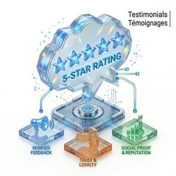 3D isometric infographic of a glowing crystal 5-star rating cloud over a motherboard connected to pedestals for feedback, trust, and social proof.