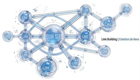 3D isometric illustration of a link building network featuring frosted glass spheres and glowing blue crystal connections on a white background.
