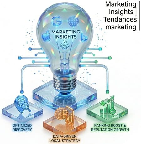3D isometric infographic of a glowing crystal lightbulb representing marketing insights, connected to nodes for optimized discovery, data-driven strategy, and ranking growth.