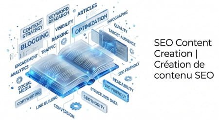 SEO Content Creation — A glowing crystalline book surrounded by strategic digital marketing pillars like keyword research and optimization by Blue Profile Media.