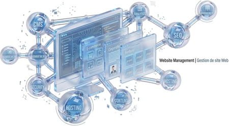 3D isometric infographic displaying website management with a central desktop computer connected to various glass spheres that represent CMS, SEO, analytics, and security.
