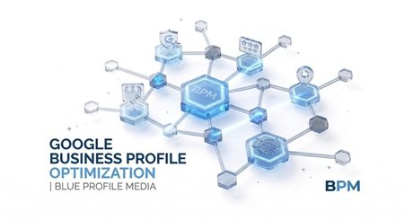 Google Business Profile Optimization services by Blue Profile Media showing interconnected local search data points.